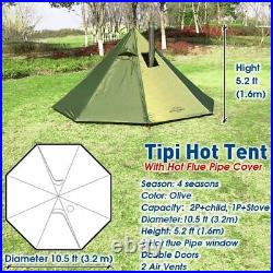 3-Person Tipi Hot Tent with Fire Retardant Stove Jack for Flue Pipes Olive NEW